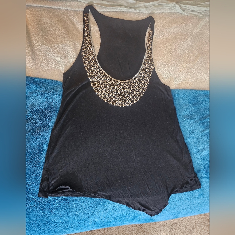 Racer Back Beaded Scoop Neck Tank with Asymmetrical hem